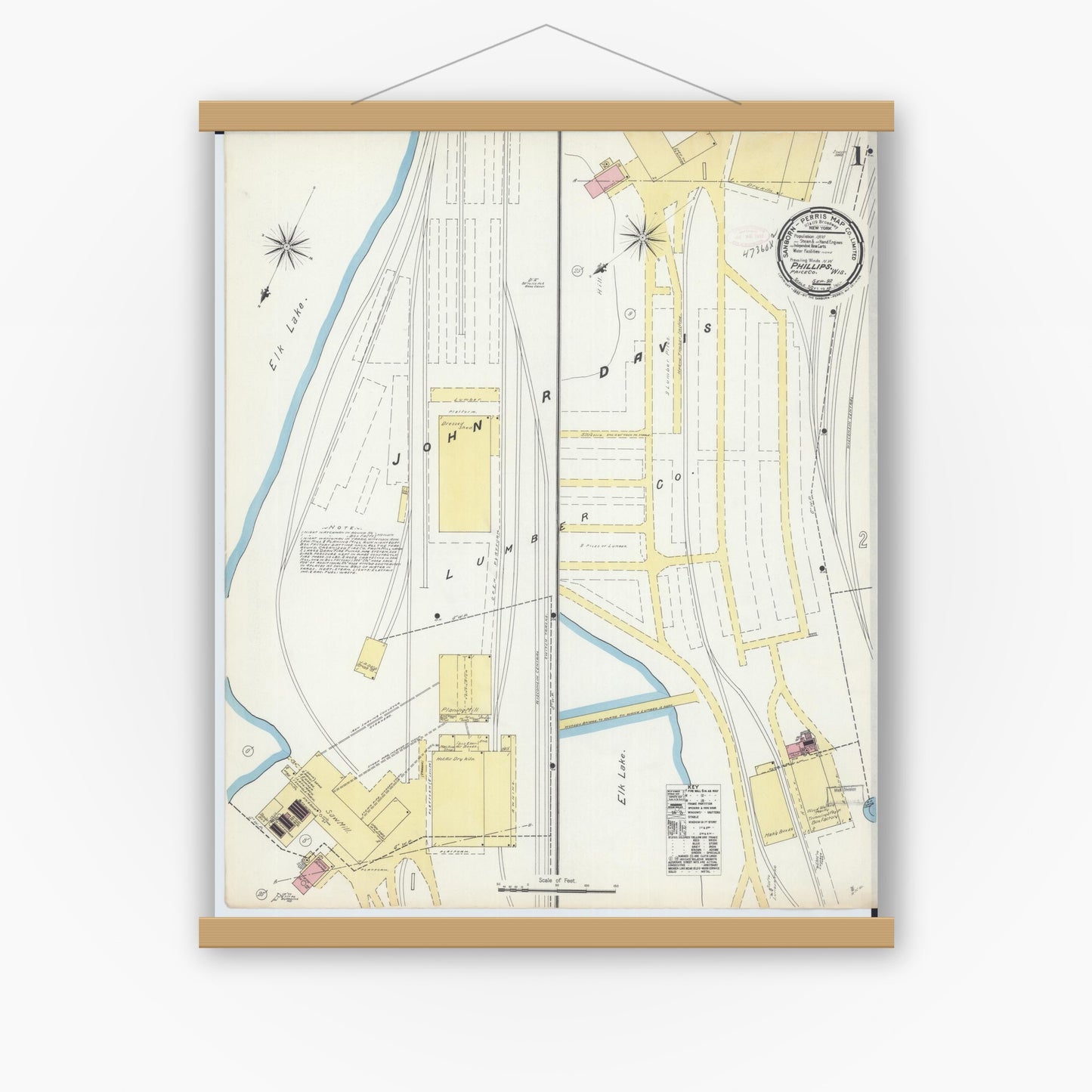 Old map wall art mockup — magnetic wood frame on white wall — Sanborn Fire Insurance Map from Phillips, Price County, Wisconsin (1892) - Complete Map Set