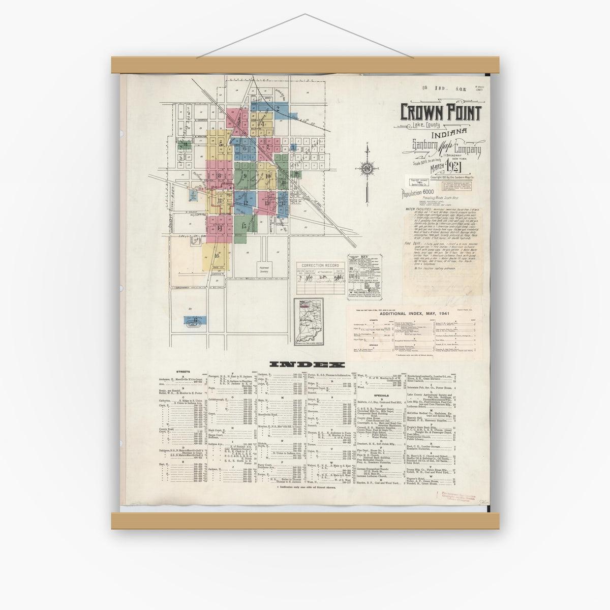 Old map wall art mockup — magnetic wood frame on white wall — Sanborn Fire Insurance Map from Crown Point, Lake County, Indiana (1948), Sheet #0001