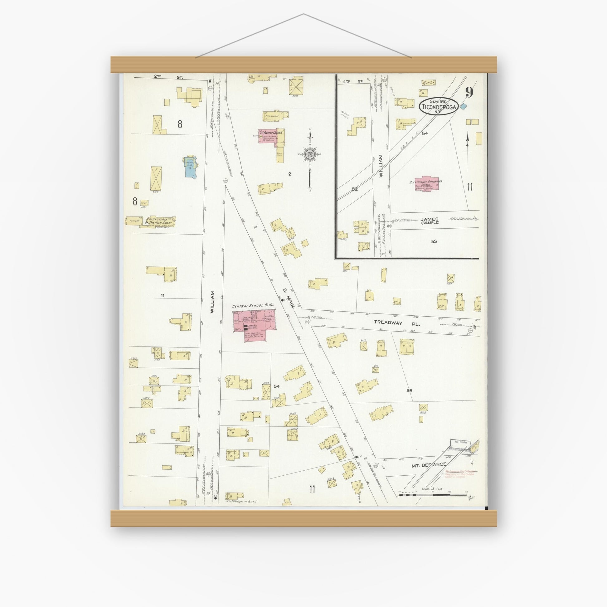 Old map wall art mockup — magnetic wood frame on white wall — Sanborn Fire Insurance Map from Ticonderoga, Essex County, New York (1912), Sheet #0009