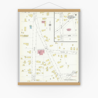 Old map wall art mockup — magnetic wood frame on white wall — Sanborn Fire Insurance Map from Ticonderoga, Essex County, New York (1912), Sheet #0009