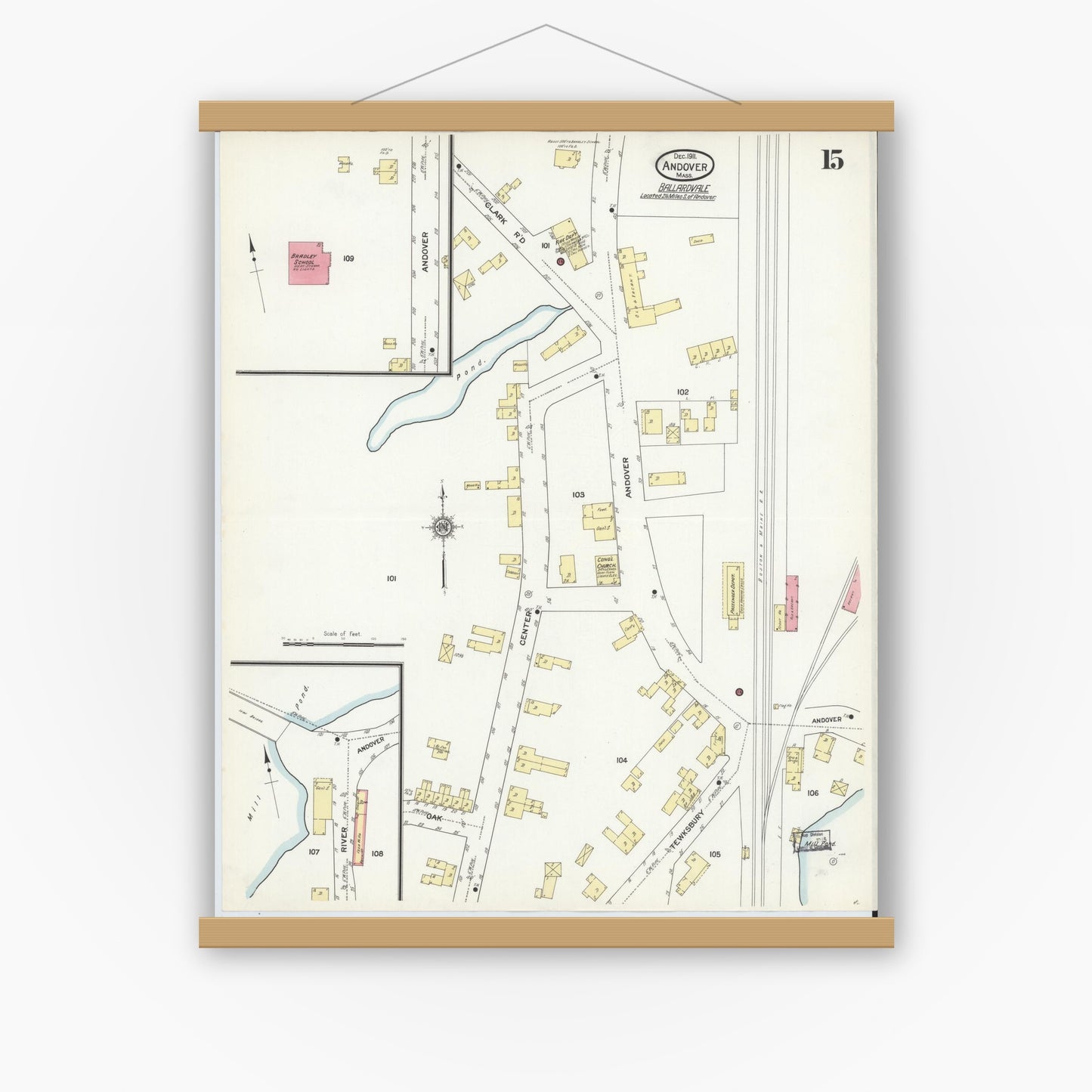 Old map wall art mockup — magnetic wood frame on white wall — Sanborn Fire Insurance Map from Andover, Essex County, Massachusetts (1911), Sheet #0015