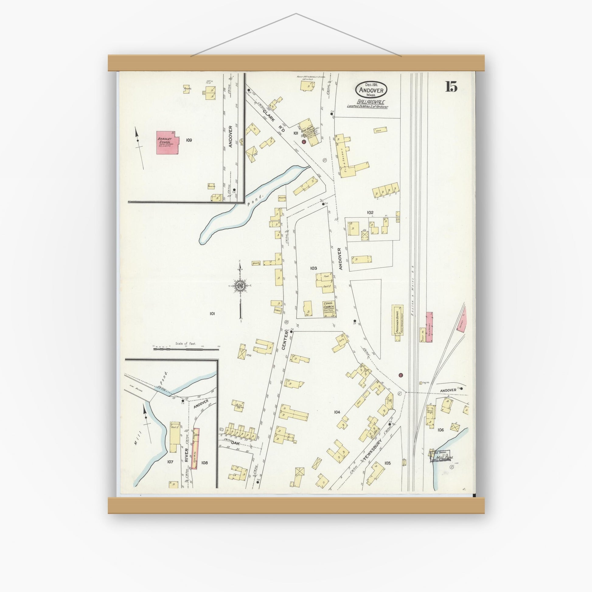 Old map wall art mockup — magnetic wood frame on white wall — Sanborn Fire Insurance Map from Andover, Essex County, Massachusetts (1911), Sheet #0015