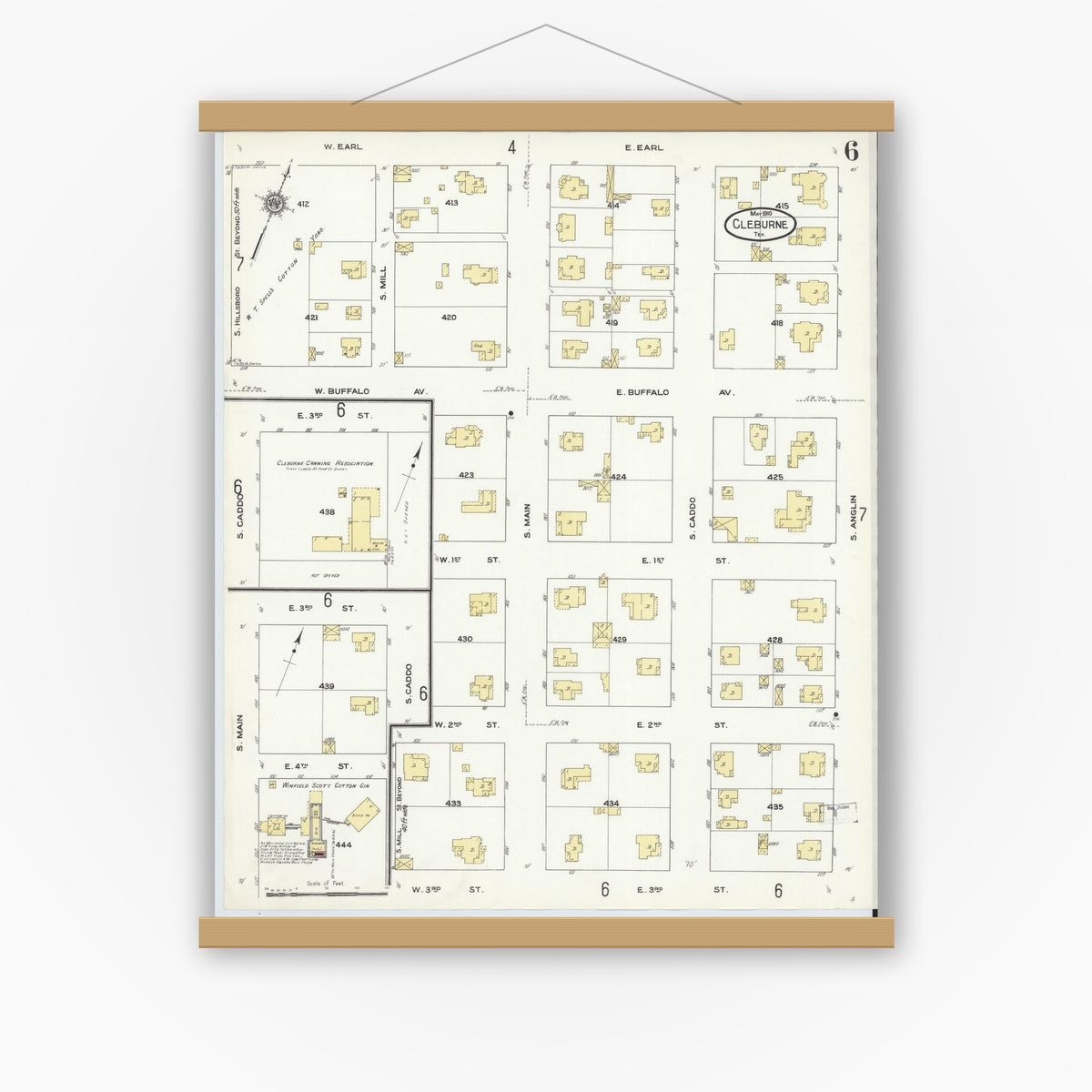 Old map wall art mockup — magnetic wood frame on white wall — Sanborn Fire Insurance Map from Cleburne, Johnson County, Texas (1910), Sheet #0006