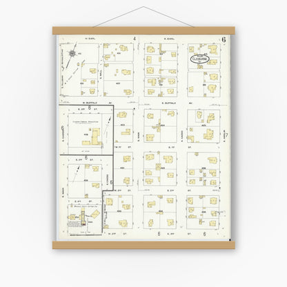 Old map wall art mockup — magnetic wood frame on white wall — Sanborn Fire Insurance Map from Cleburne, Johnson County, Texas (1910), Sheet #0006