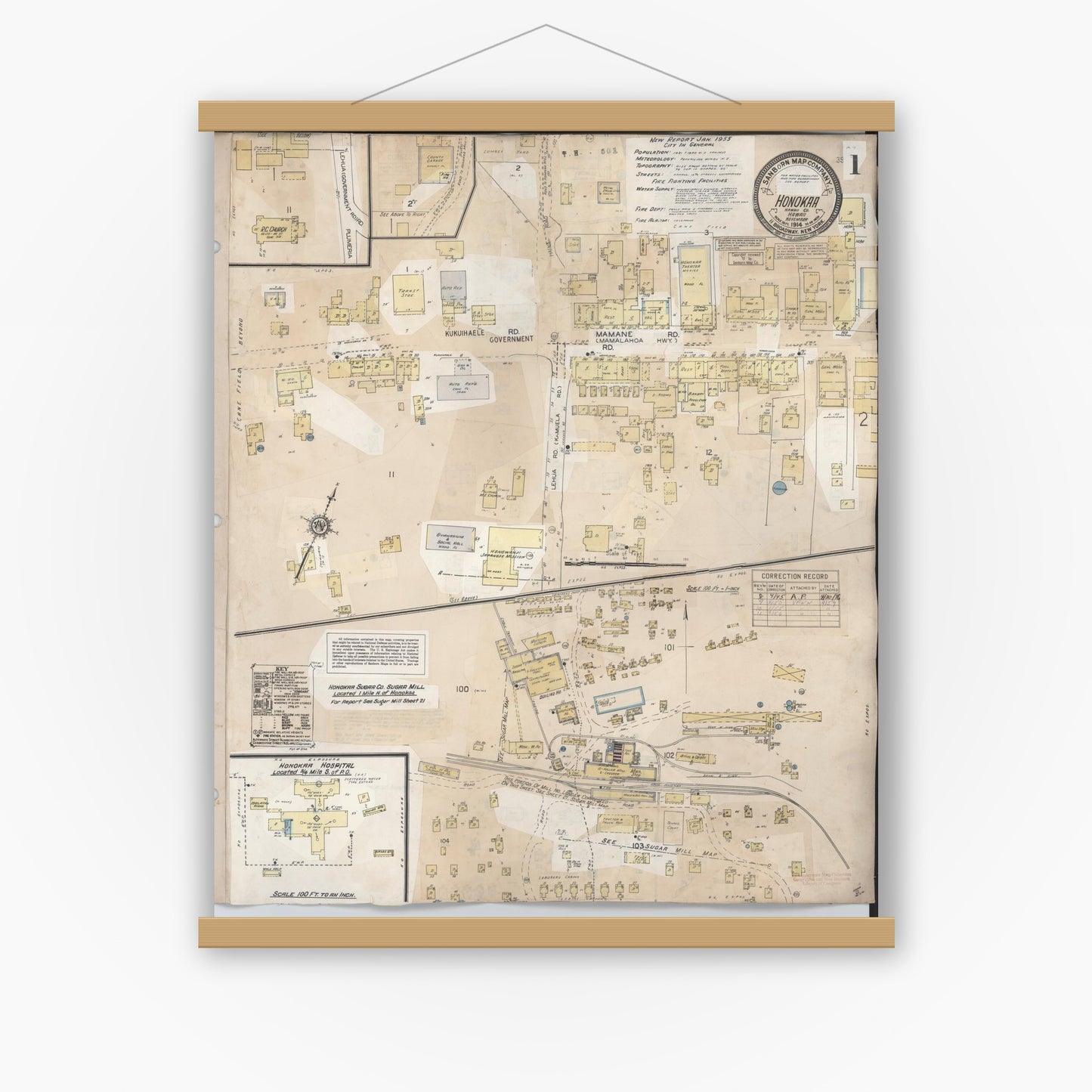 Old map wall art mockup — magnetic wood frame on white wall — Sanborn Fire Insurance Map from Honokaa, Hawaii County, Hawaii (1956), Sheet #0001