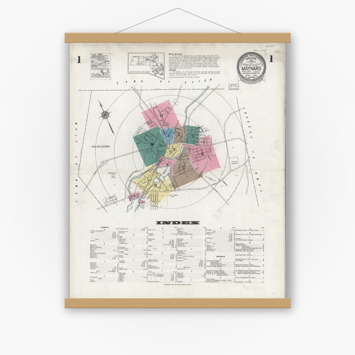 Old map wall art mockup — magnetic wood frame on white wall — Sanborn Fire Insurance Map from Maynard, Middlesex County, Massachusetts (1924) - Complete Map Set