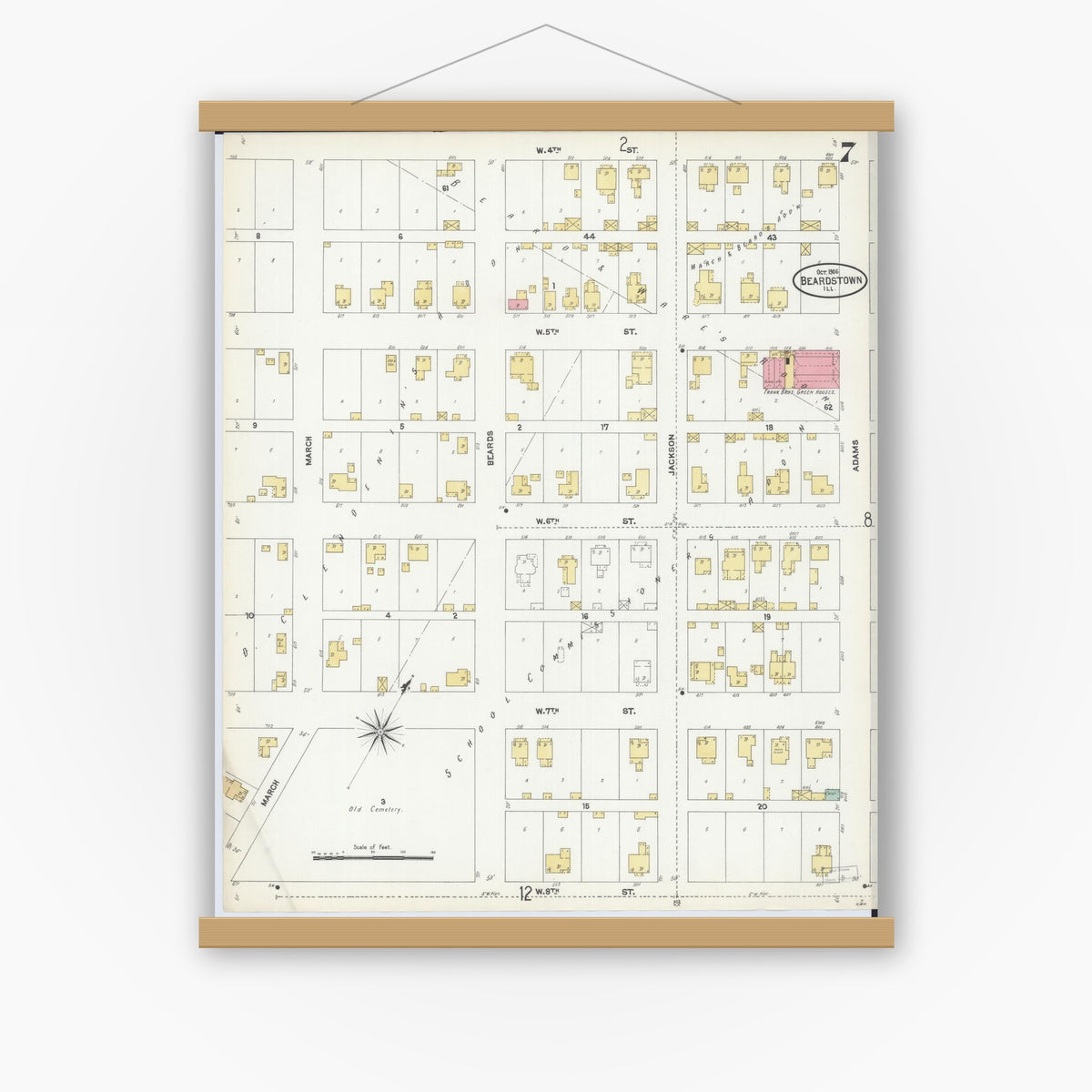Old map wall art mockup — magnetic wood frame on white wall — Sanborn Fire Insurance Map from Beardstown, Cass County, Illinois (1906), Sheet #0007