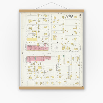 Old map wall art mockup — magnetic wood frame on white wall — Sanborn Fire Insurance Map from Whitesboro, Grayson County, Texas (1896), Sheet #0003