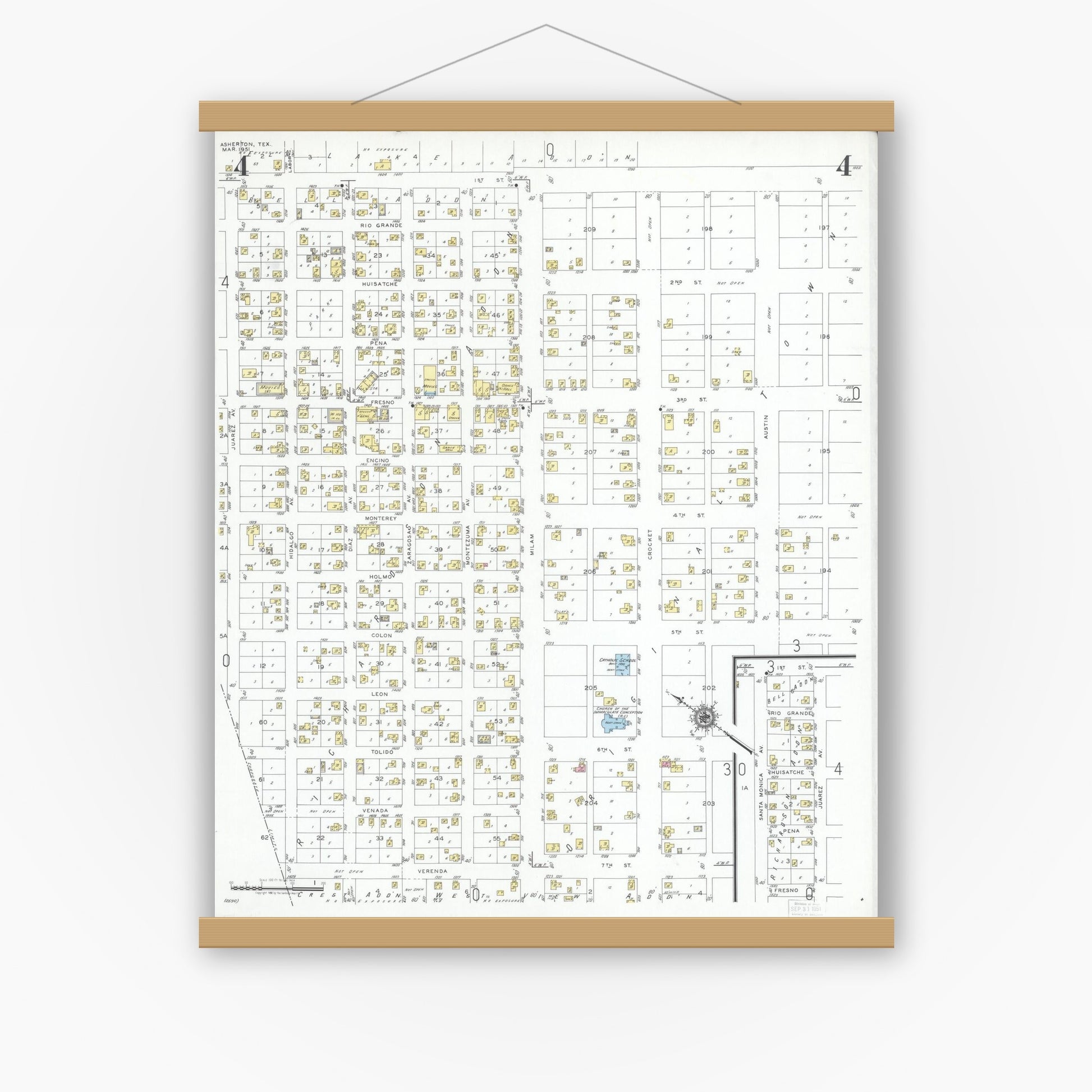 Old map wall art mockup — magnetic wood frame on white wall — Sanborn Fire Insurance Map from Asherton, Dimmit County, Texas (1951), Sheet #0004