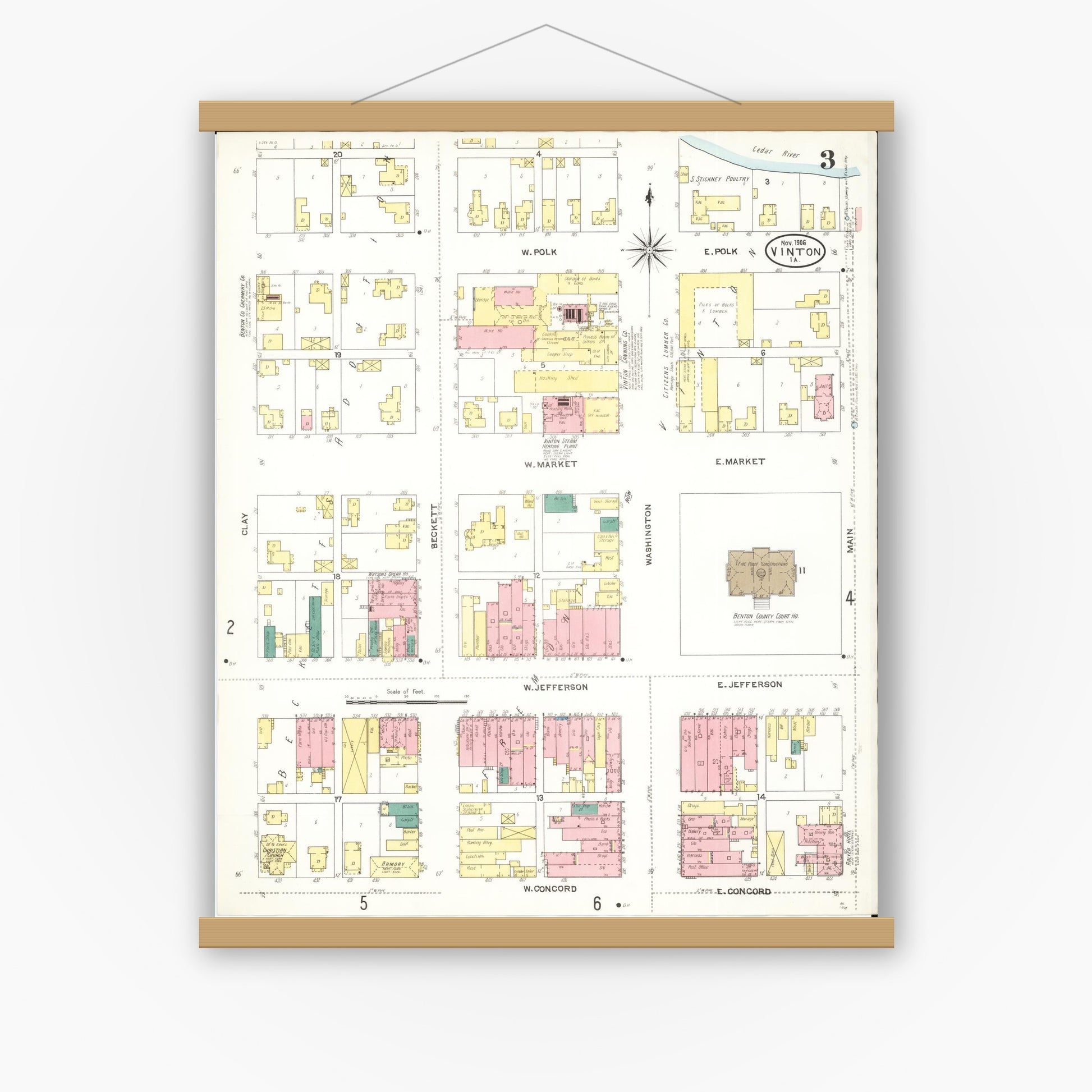 Old map wall art mockup — magnetic wood frame on white wall — Sanborn Fire Insurance Map from Vinton, Benton County, Iowa (1906), Sheet #0003