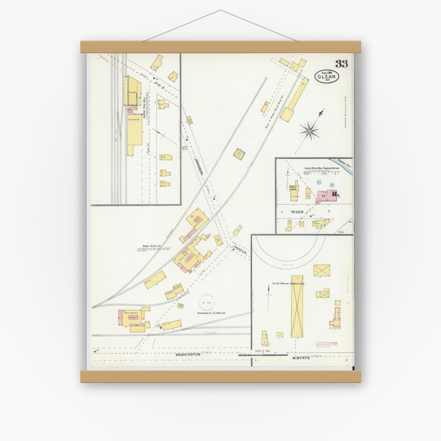 Old map wall art mockup — magnetic wood frame on white wall — Sanborn Fire Insurance Map from Olean, Cattaraugus County, New York (1904), Sheet #0033