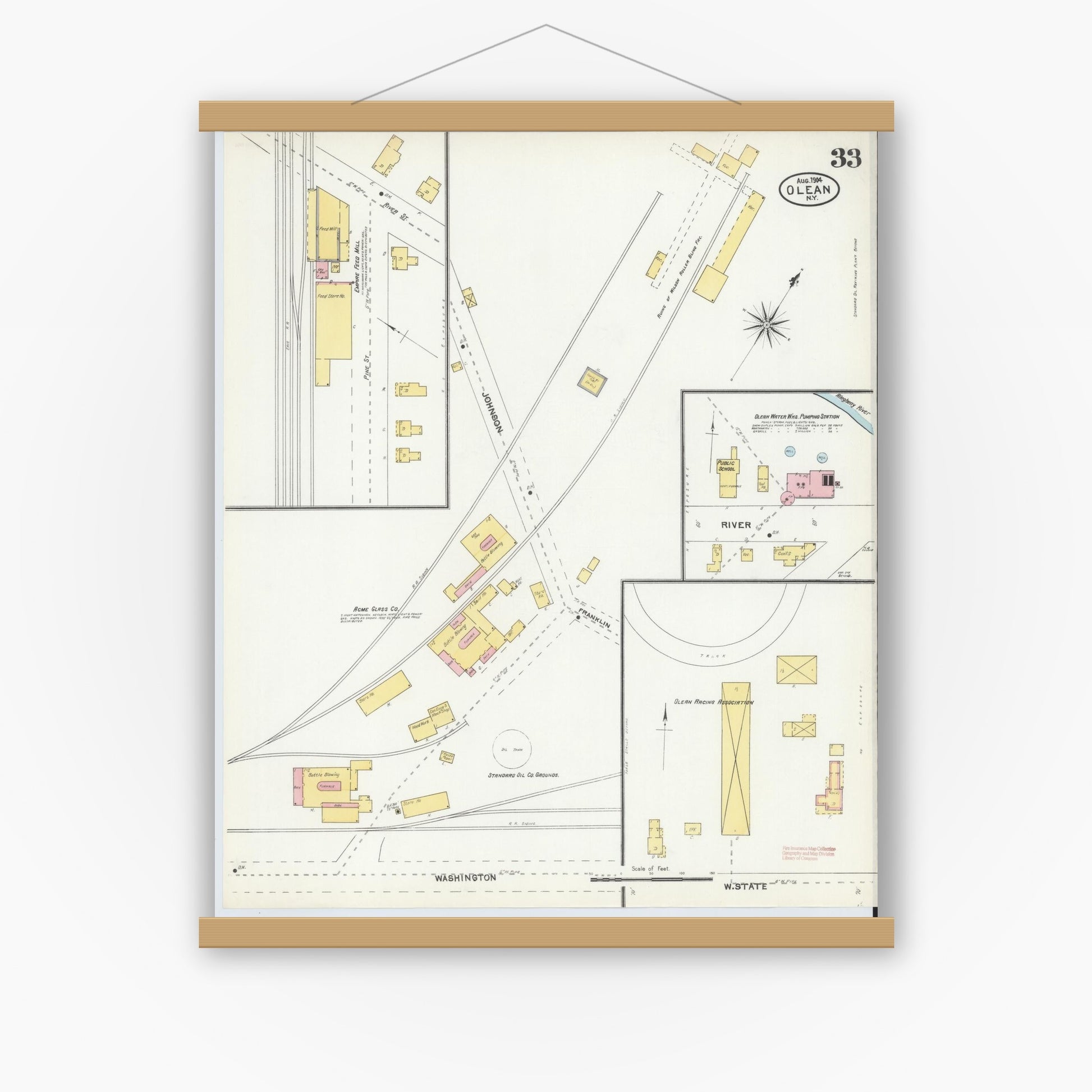 Old map wall art mockup — magnetic wood frame on white wall — Sanborn Fire Insurance Map from Olean, Cattaraugus County, New York (1904), Sheet #0033
