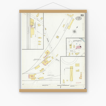 Old map wall art mockup — magnetic wood frame on white wall — Sanborn Fire Insurance Map from Olean, Cattaraugus County, New York (1904), Sheet #0033