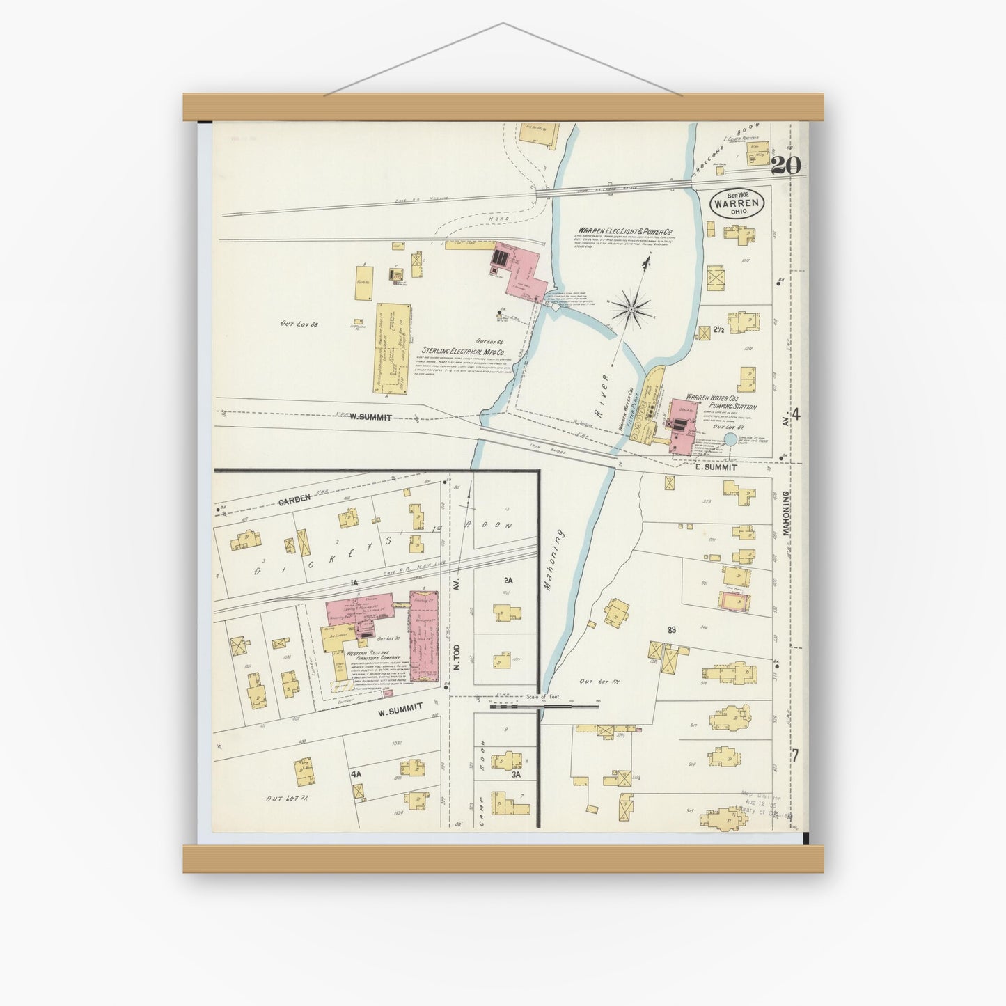 Old map wall art mockup — magnetic wood frame on white wall — Sanborn Fire Insurance Map from Warren, Trumbull County, Ohio (1902), Sheet #0020