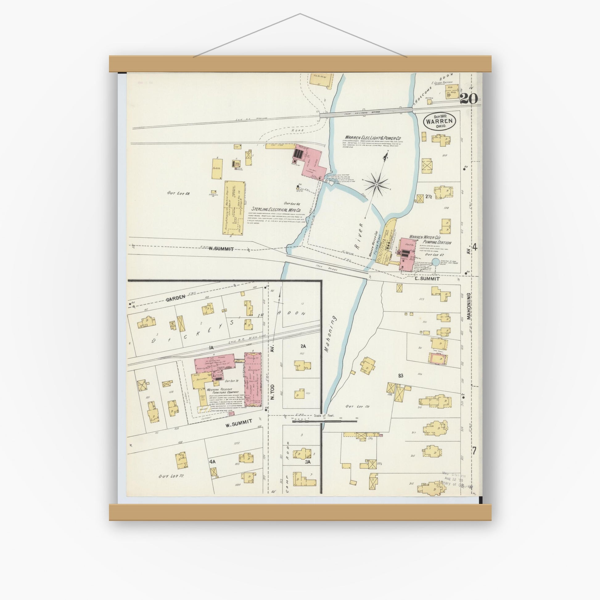 Old map wall art mockup — magnetic wood frame on white wall — Sanborn Fire Insurance Map from Warren, Trumbull County, Ohio (1902), Sheet #0020