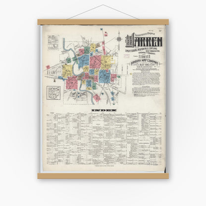 Old map wall art mockup — magnetic wood frame on white wall — Sanborn Fire Insurance Map from Warren, Trumbull County, Ohio (1915) - Complete Map Set