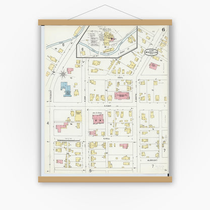 Old map wall art mockup — magnetic wood frame on white wall — Sanborn Fire Insurance Map from Massillon, Stark County, Ohio (1896), Sheet #0006