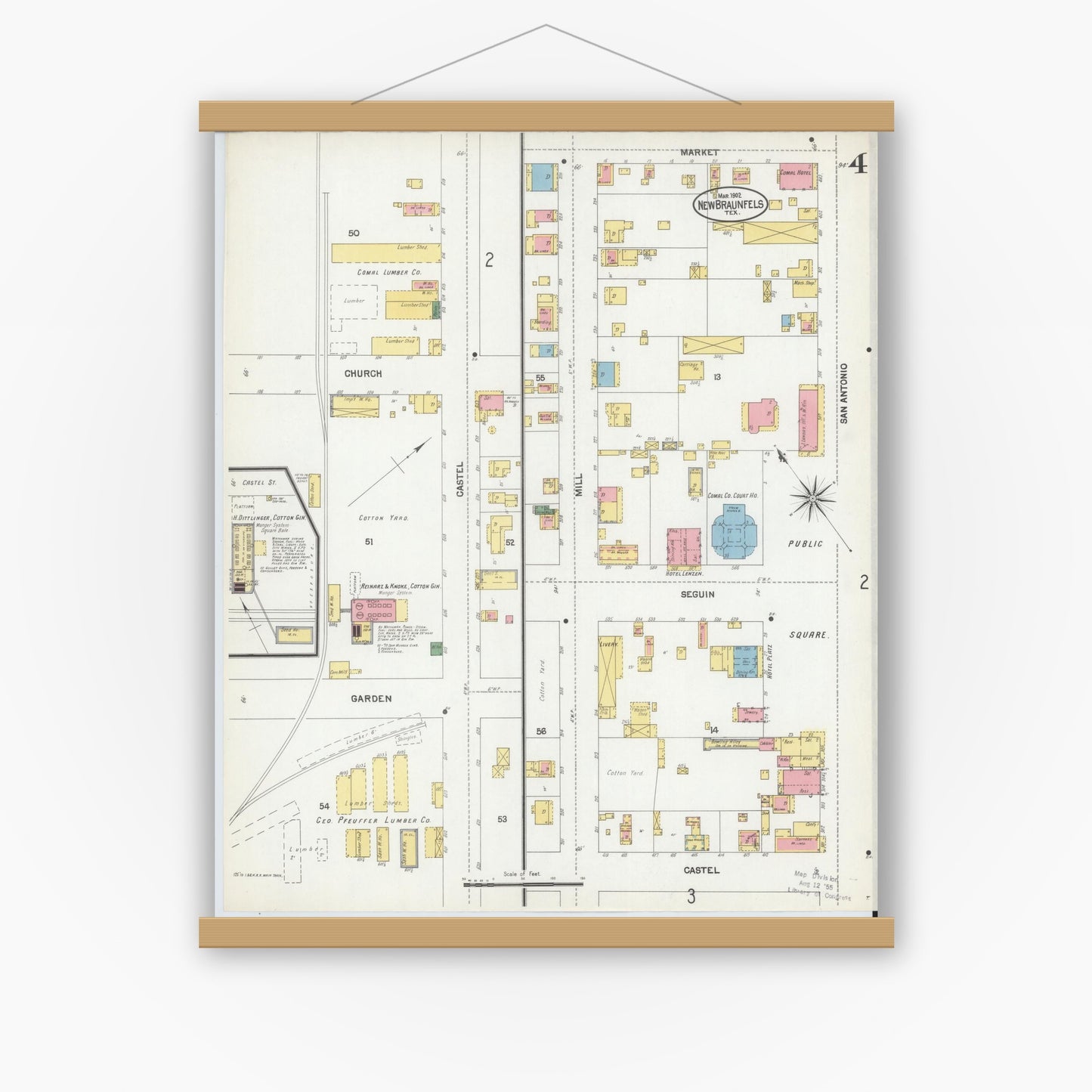 Old map wall art mockup — magnetic wood frame on white wall — Sanborn Fire Insurance Map from New Braunfels, Comal County, Texas (1902), Sheet #0004
