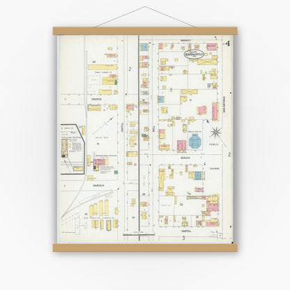 Old map wall art mockup — magnetic wood frame on white wall — Sanborn Fire Insurance Map from New Braunfels, Comal County, Texas (1902), Sheet #0004