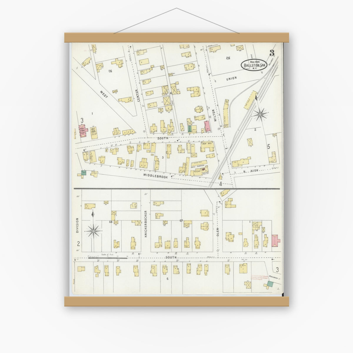 Old map wall art mockup — magnetic wood frame on white wall — Sanborn Fire Insurance Map from Ballston Spa, Saratoga County, New York (1904), Sheet #0003
