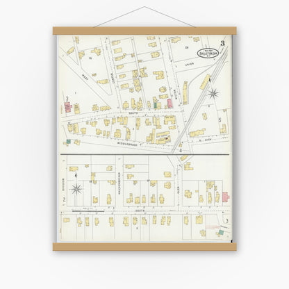 Old map wall art mockup — magnetic wood frame on white wall — Sanborn Fire Insurance Map from Ballston Spa, Saratoga County, New York (1904), Sheet #0003