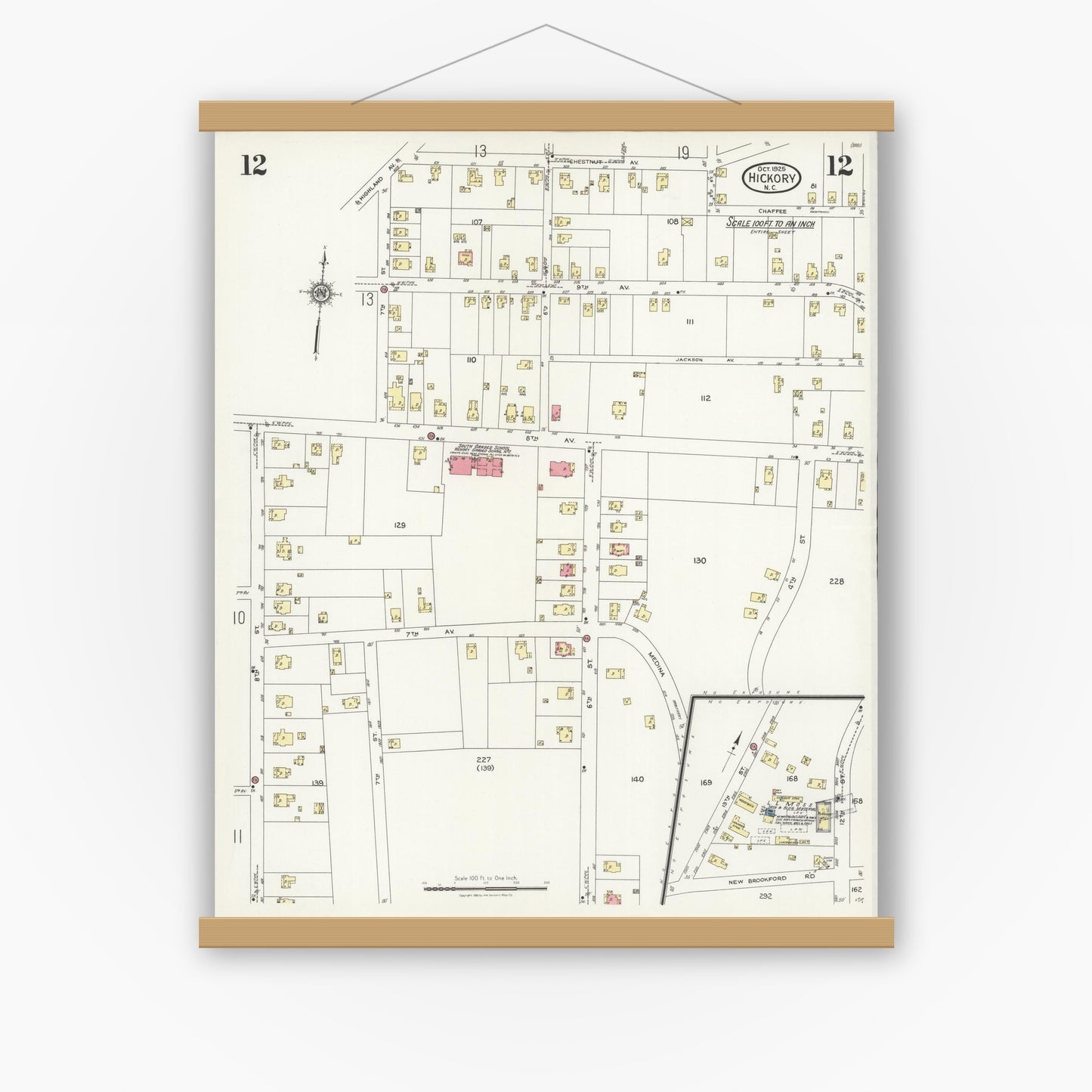 Old map wall art mockup — magnetic wood frame on white wall — Sanborn Fire Insurance Map from Hickory, Catawba County, North Carolina (1925), Sheet #0012