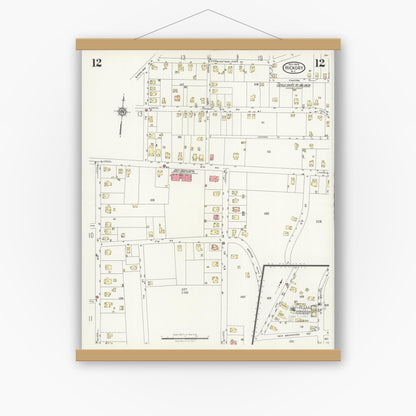 Old map wall art mockup — magnetic wood frame on white wall — Sanborn Fire Insurance Map from Hickory, Catawba County, North Carolina (1925), Sheet #0012