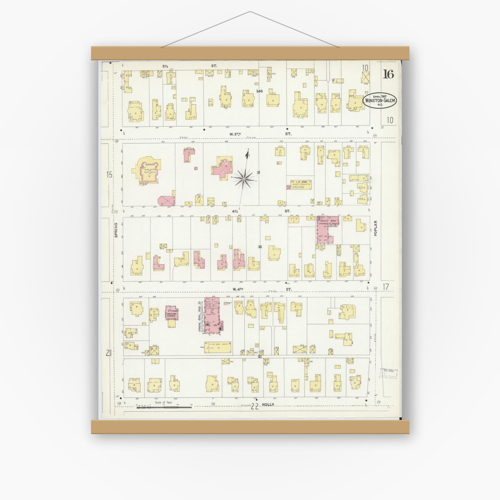 Old map wall art mockup — magnetic wood frame on white wall — Sanborn Fire Insurance Map from Winston-Salem, Forsyth County, North Carolina (1907), Sheet #0016