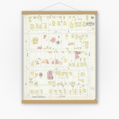 Old map wall art mockup — magnetic wood frame on white wall — Sanborn Fire Insurance Map from Winston-Salem, Forsyth County, North Carolina (1907), Sheet #0016