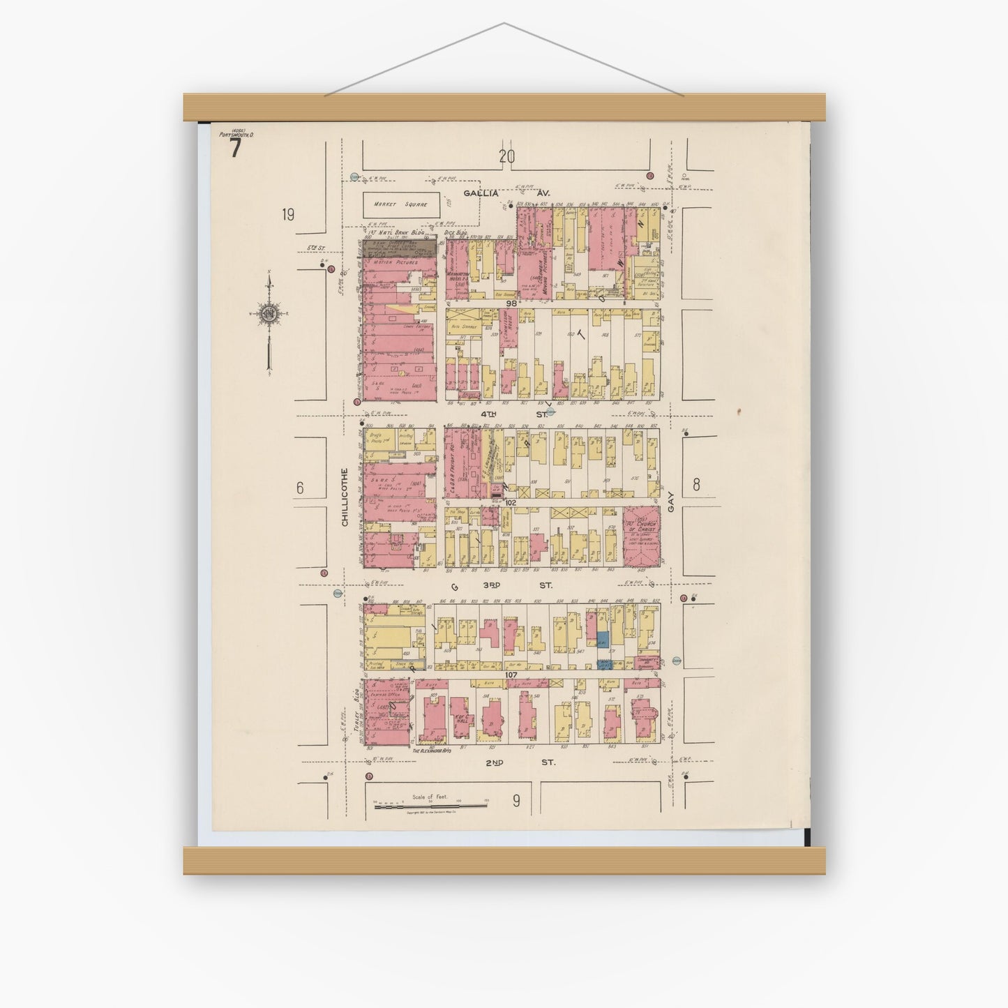 Old map wall art mockup — magnetic wood frame on white wall — Sanborn Fire Insurance Map from Portsmouth, Scioto County, Ohio (1921), Sheet #0007