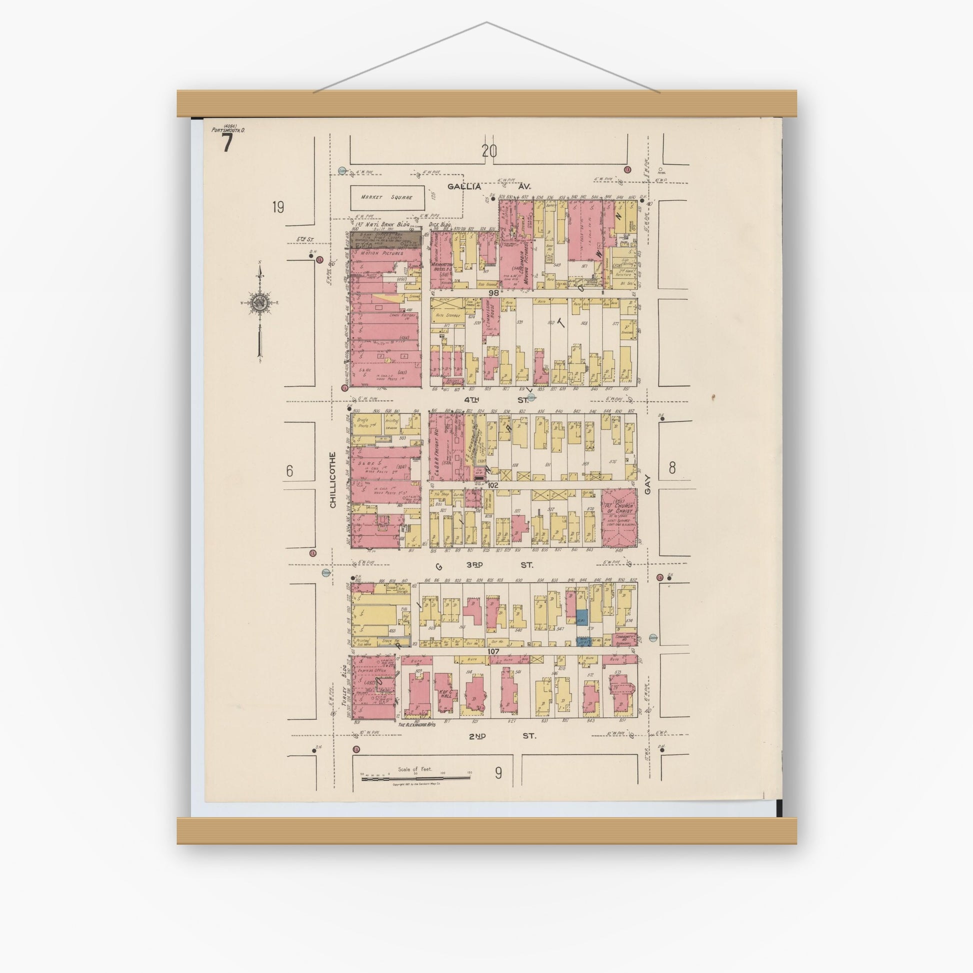 Old map wall art mockup — magnetic wood frame on white wall — Sanborn Fire Insurance Map from Portsmouth, Scioto County, Ohio (1921), Sheet #0007
