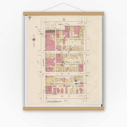 Old map wall art mockup — magnetic wood frame on white wall — Sanborn Fire Insurance Map from Portsmouth, Scioto County, Ohio (1921), Sheet #0007