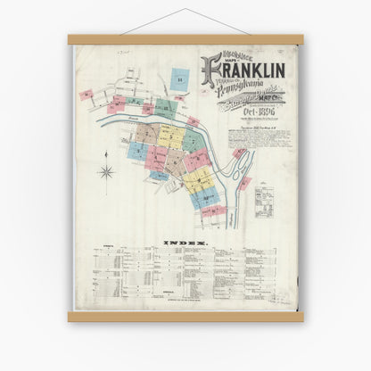 Old map wall art mockup — magnetic wood frame on white wall — Sanborn Fire Insurance Map from Franklin, Venango County, Pennsylvania (1896), Sheet #0001