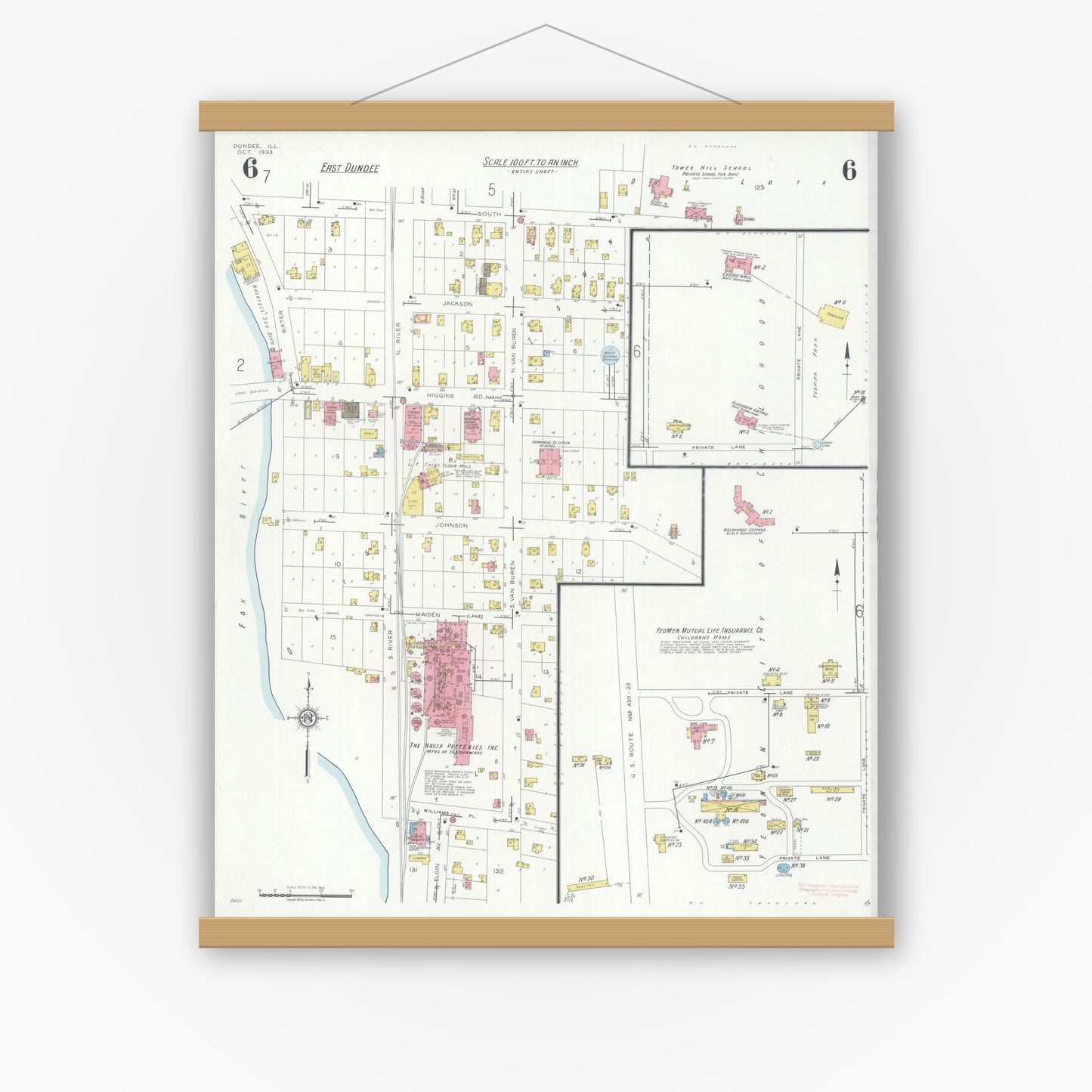Old map wall art mockup — magnetic wood frame on white wall — Sanborn Fire Insurance Map from Dundee, Kane County, Illinois (1933), Sheet #0006