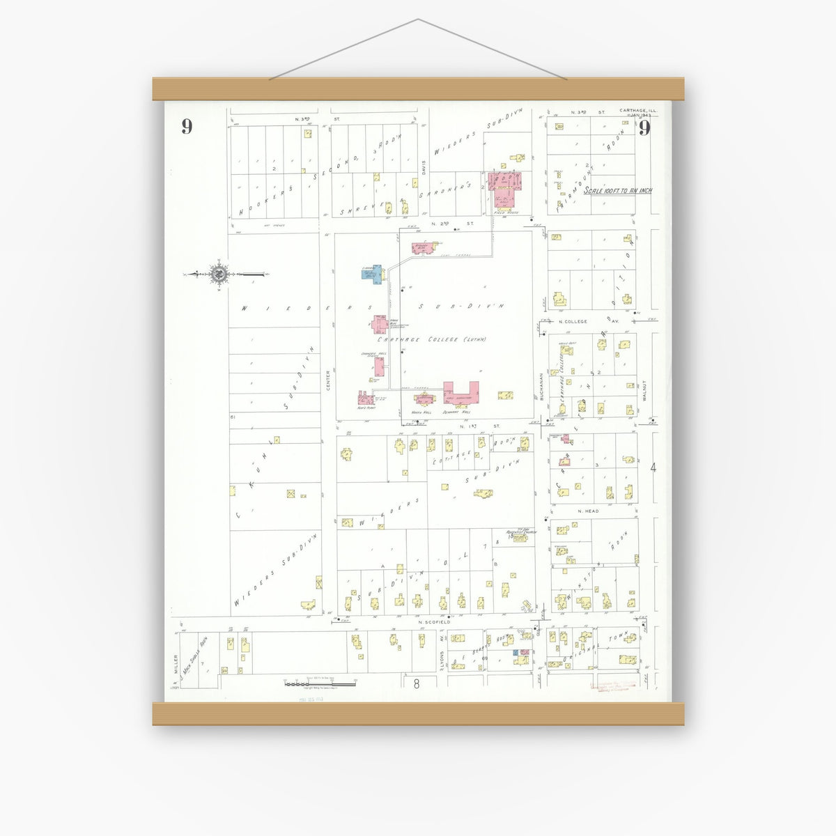 Old map wall art mockup — magnetic wood frame on white wall — Sanborn Fire Insurance Map from Carthage, Hancock County, Illinois (1943), Sheet #0009