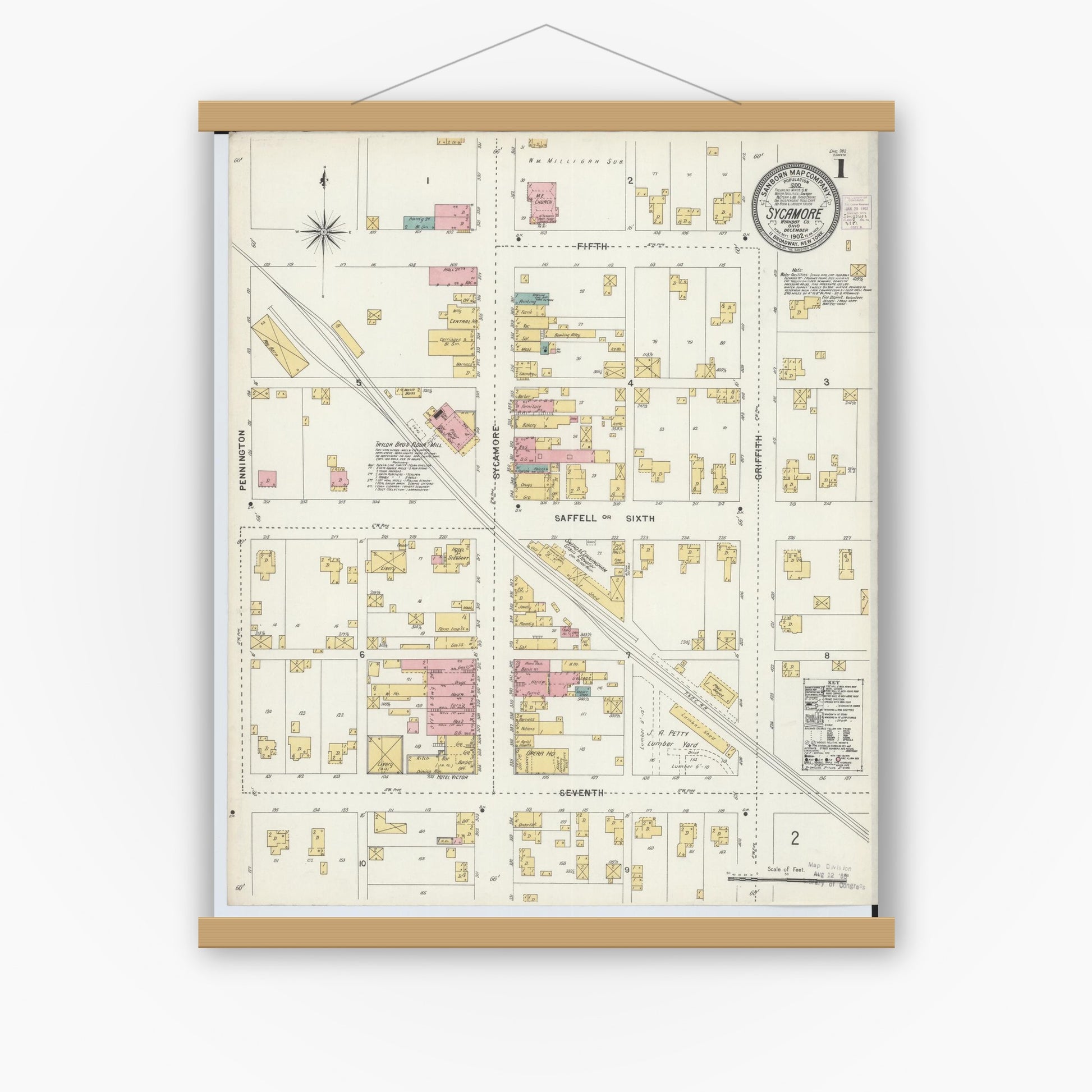Old map wall art mockup — magnetic wood frame on white wall — Sanborn Fire Insurance Map from Sycamore, Wyandot County, Ohio (1902), Sheet #0001