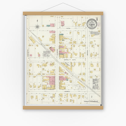 Old map wall art mockup — magnetic wood frame on white wall — Sanborn Fire Insurance Map from Sycamore, Wyandot County, Ohio (1902), Sheet #0001