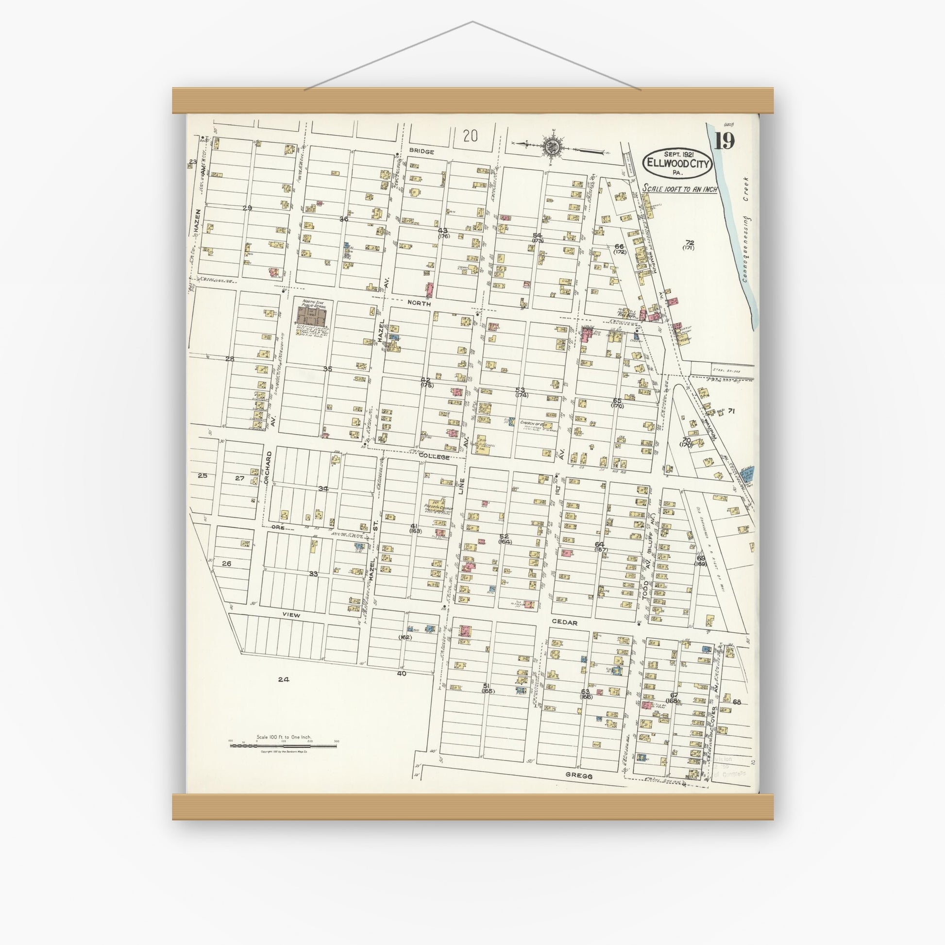 Old map wall art mockup — magnetic wood frame on white wall — Sanborn Fire Insurance Map from Ellwood City, Lawrence County, Pennsylvania (1921), Sheet #0019