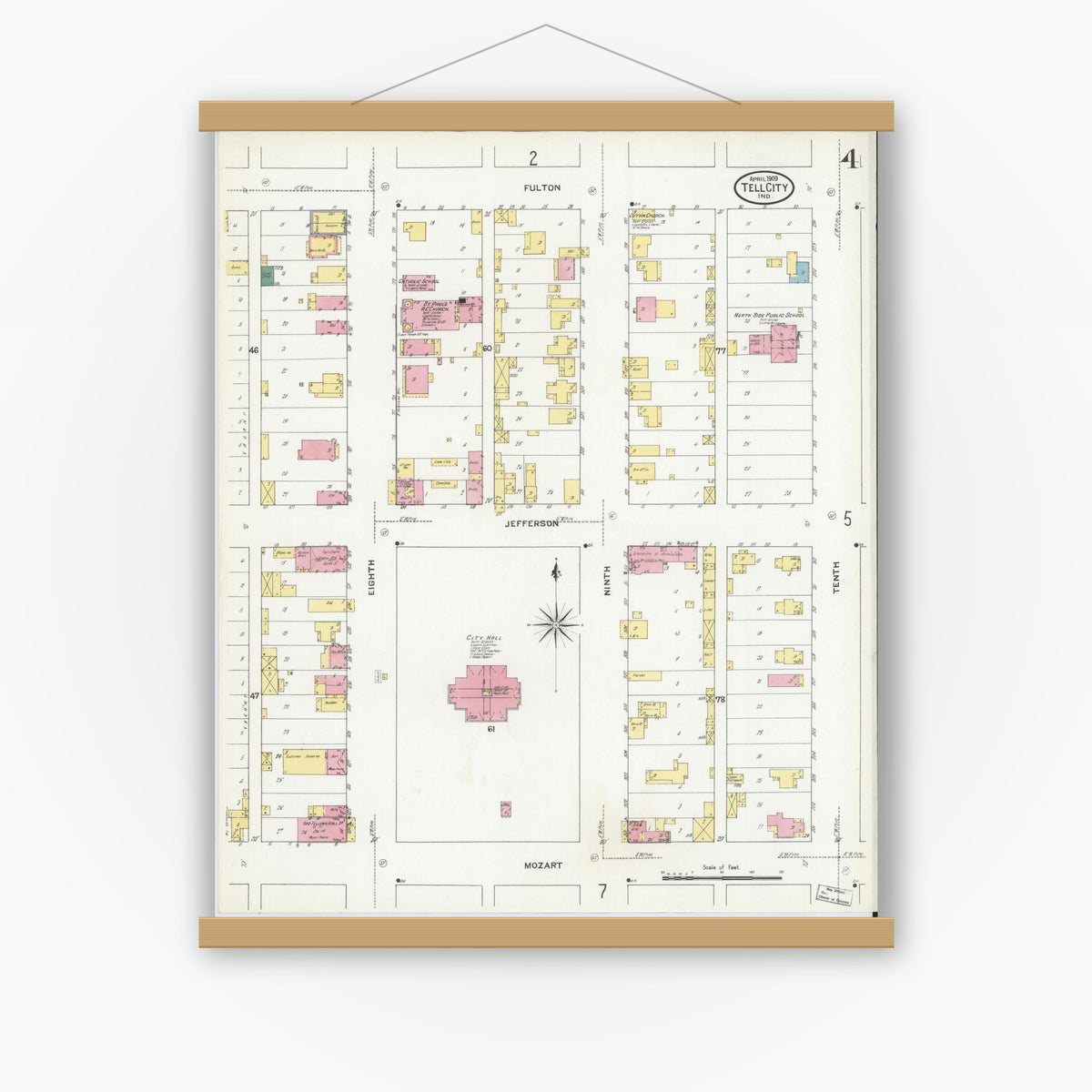 Old map wall art mockup — magnetic wood frame on white wall — Sanborn Fire Insurance Map from Tell City, Perry County, Indiana (1909), Sheet #0004