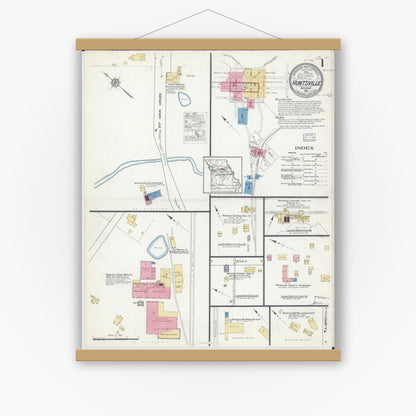 Old map wall art mockup — magnetic wood frame on white wall — Sanborn Fire Insurance Map from Huntsville, Randolph County, Missouri (1916), Sheet #0001
