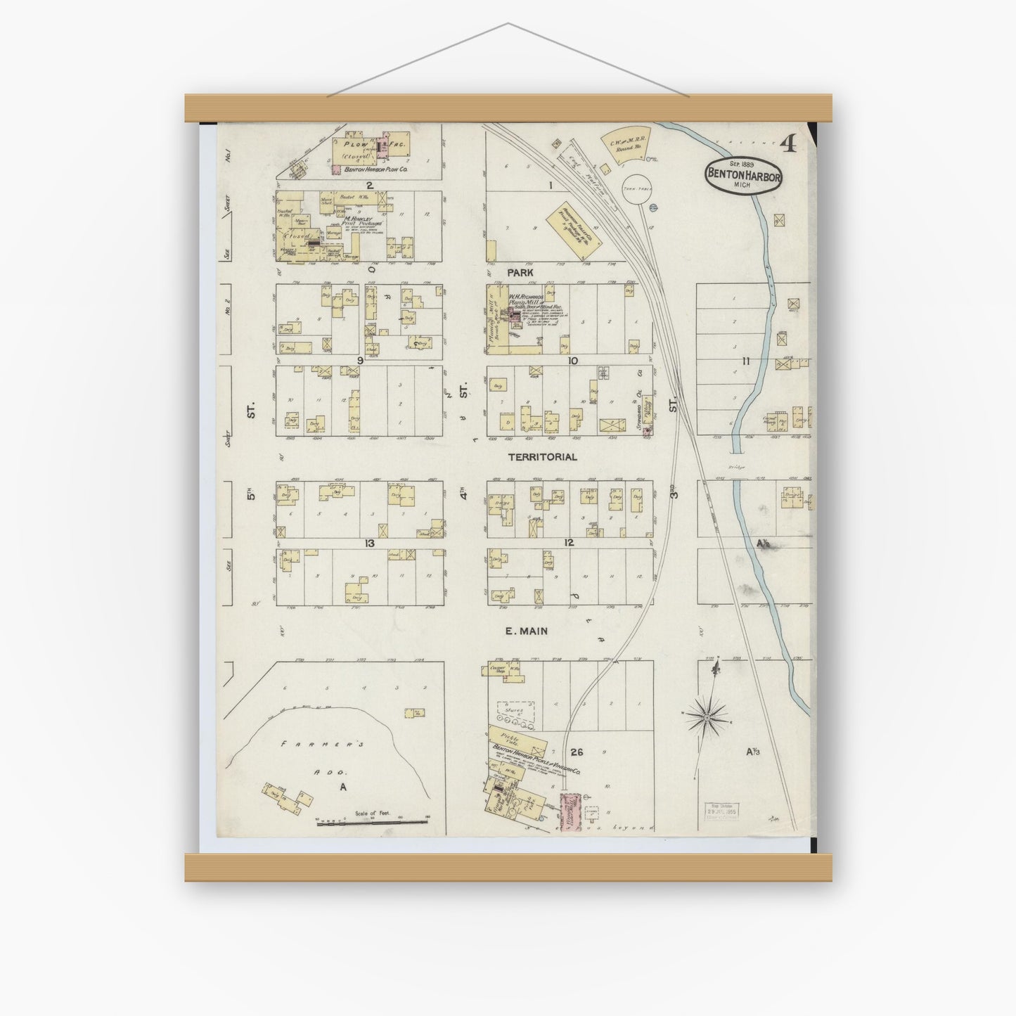 Old map wall art mockup — magnetic wood frame on white wall — Sanborn Fire Insurance Map from Benton Harbor, Berrien County, Michigan (1889), Sheet #0004