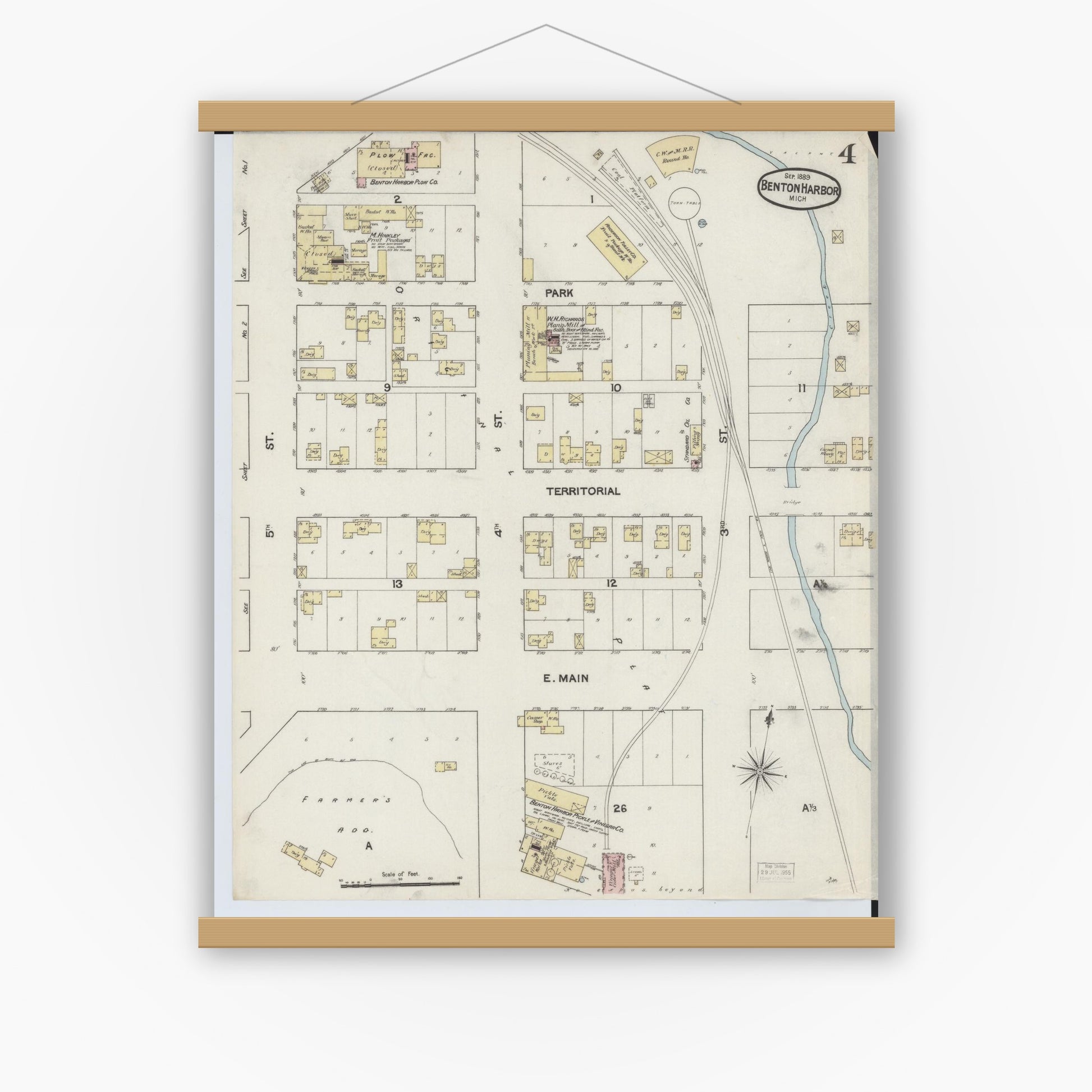 Old map wall art mockup — magnetic wood frame on white wall — Sanborn Fire Insurance Map from Benton Harbor, Berrien County, Michigan (1889), Sheet #0004