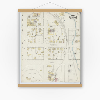 Old map wall art mockup — magnetic wood frame on white wall — Sanborn Fire Insurance Map from Benton Harbor, Berrien County, Michigan (1889), Sheet #0004