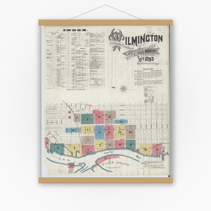 Old map wall art mockup — magnetic wood frame on white wall — Sanborn Fire Insurance Map from Wilmington, New Hanover County, North Carolina (1893) - Complete Map Set