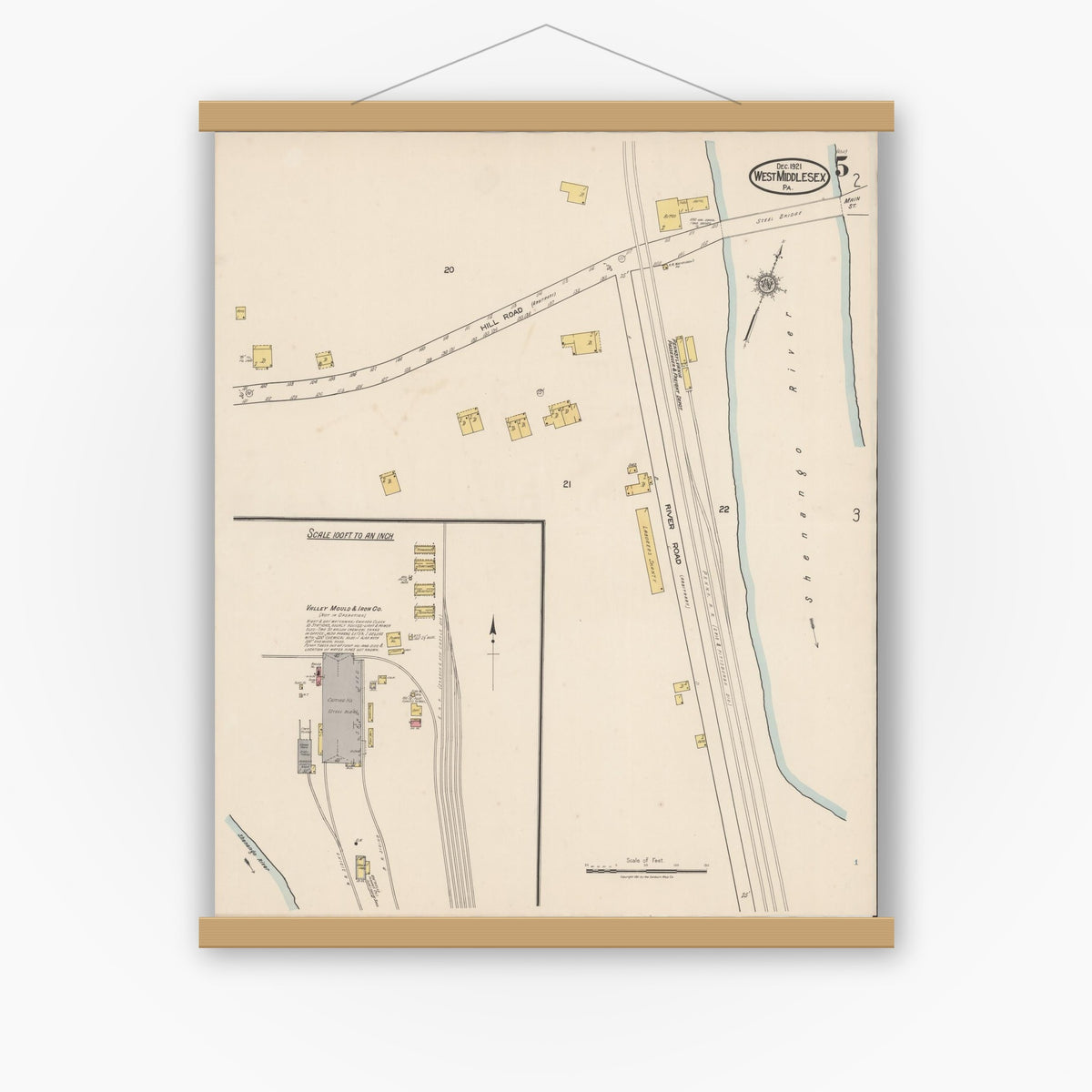 Old map wall art mockup — magnetic wood frame on white wall — Sanborn Fire Insurance Map from West Middlesex, Mercer County, Pennsylvania (1921), Sheet #0005