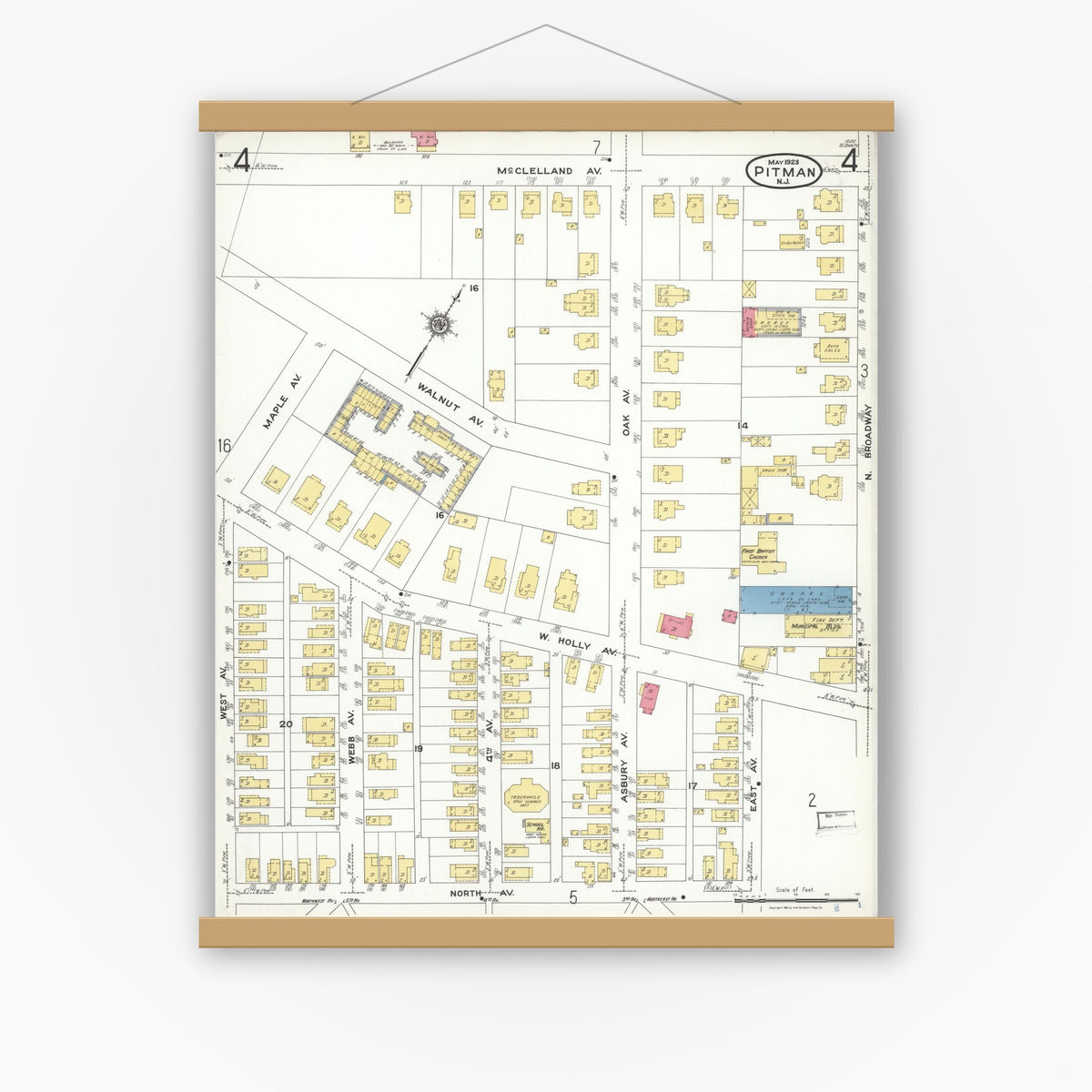 Old map wall art mockup — magnetic wood frame on white wall — Sanborn Fire Insurance Map from Pitman, Gloucester County, New Jersey (1923), Sheet #0004