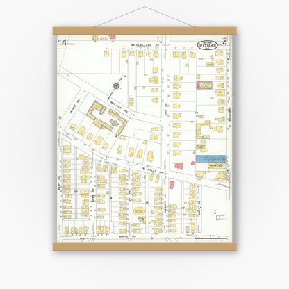 Old map wall art mockup — magnetic wood frame on white wall — Sanborn Fire Insurance Map from Pitman, Gloucester County, New Jersey (1923), Sheet #0004