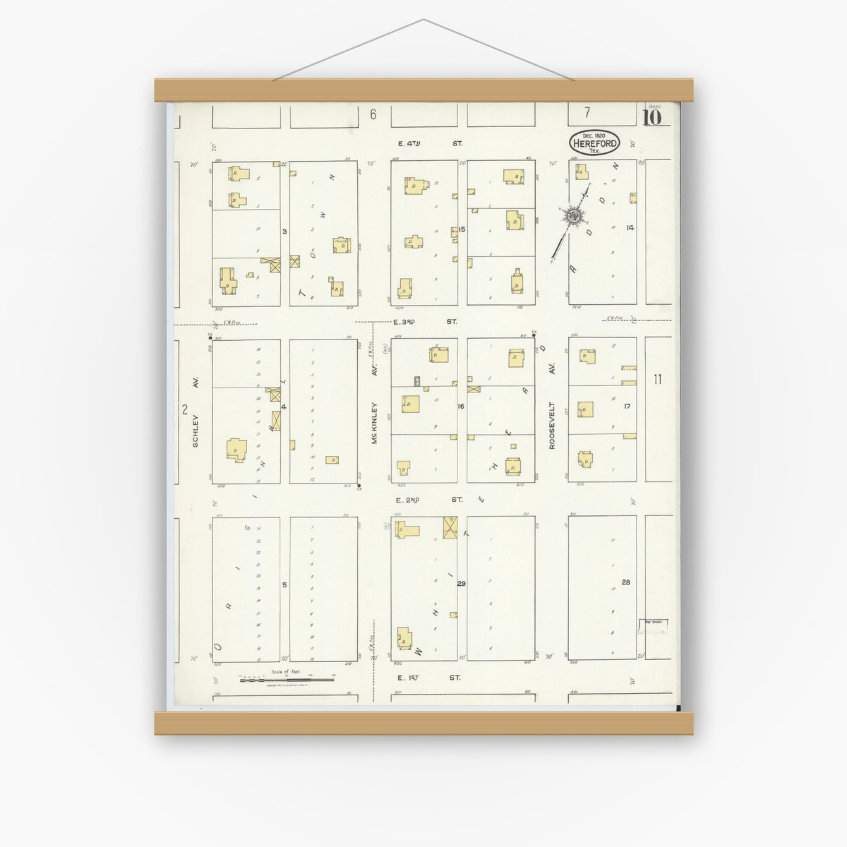 Old map wall art mockup — magnetic wood frame on white wall — Sanborn Fire Insurance Map from Hereford, Deaf Smith County, Texas (1920), Sheet #0010