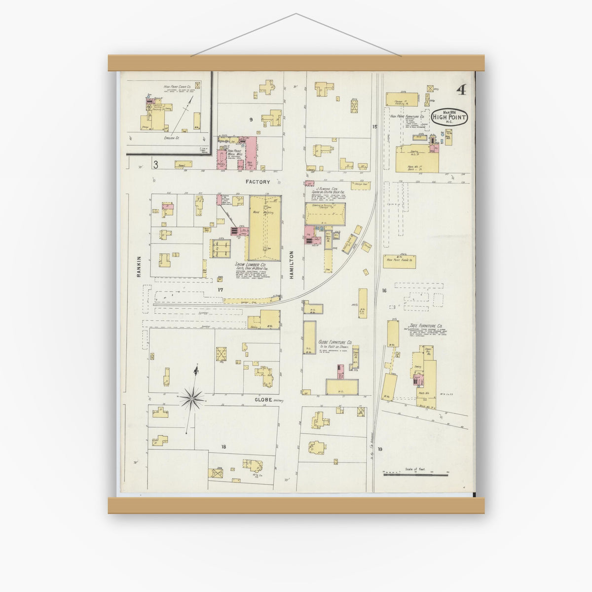 Old map wall art mockup — magnetic wood frame on white wall — Sanborn Fire Insurance Map from High Point, Guilford County, North Carolina (1896), Sheet #0004