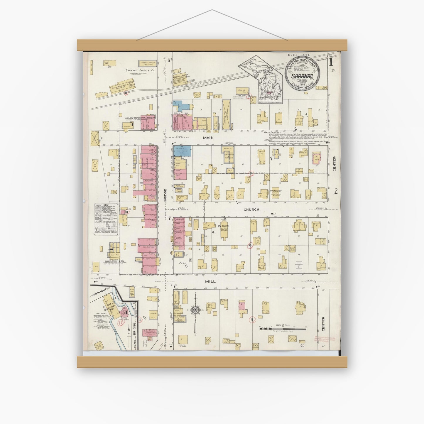 Old map wall art mockup — magnetic wood frame on white wall — Sanborn Fire Insurance Map from Saranac, Ionia County, Michigan (1918) - Complete Map Set